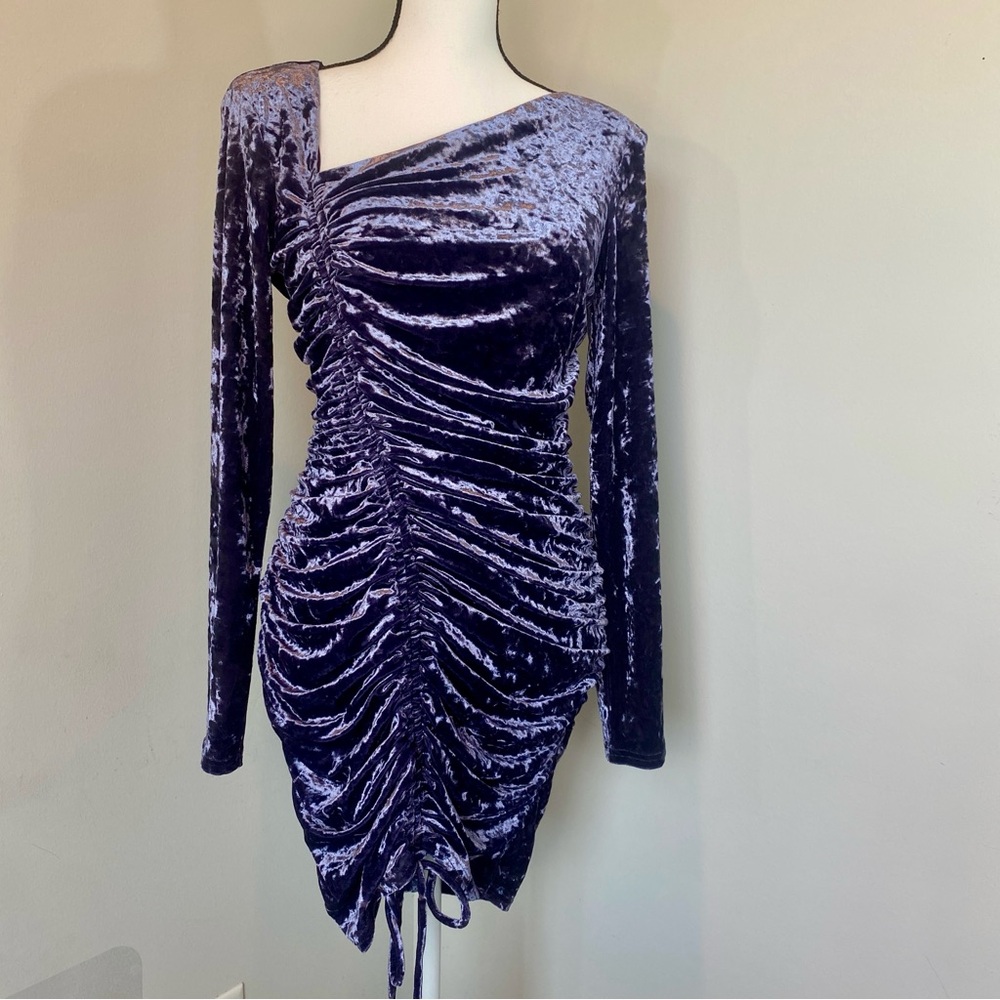 Lena Purple Crushed Velvet Ruched Long Sleeve Bodycon Dress Medium Disco Club